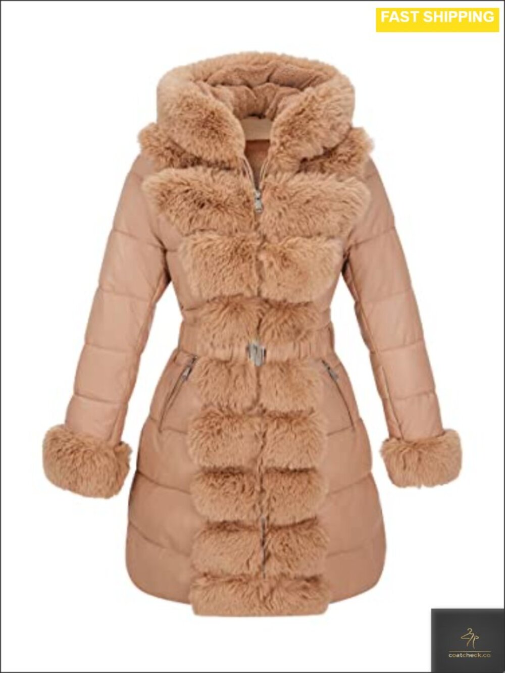 Women's Faux Leather Quilted Puffer Coat Hooded Fur Trim Belted Winter